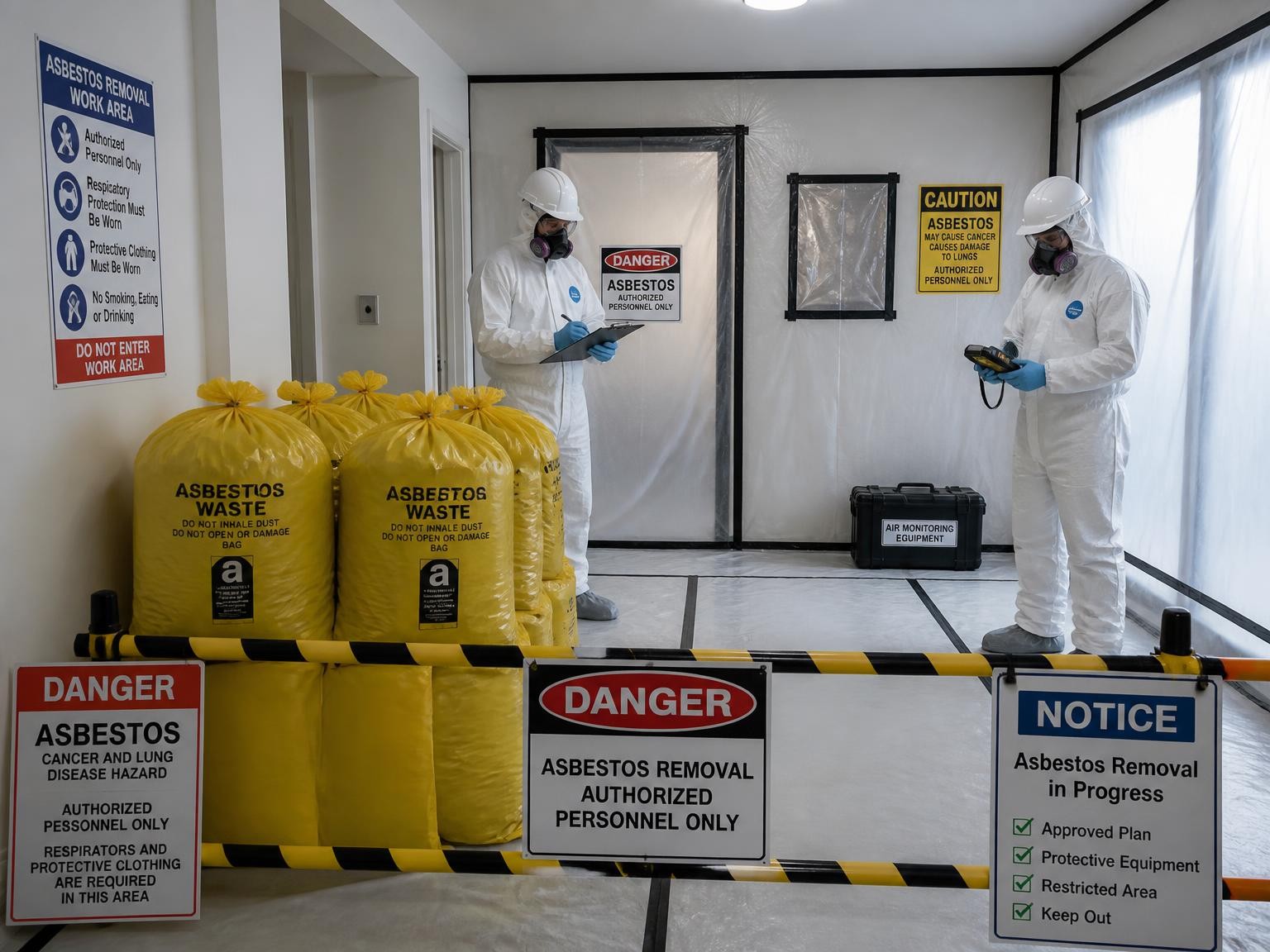 Controlled asbestos removal worksite with sealed waste and safety barriers