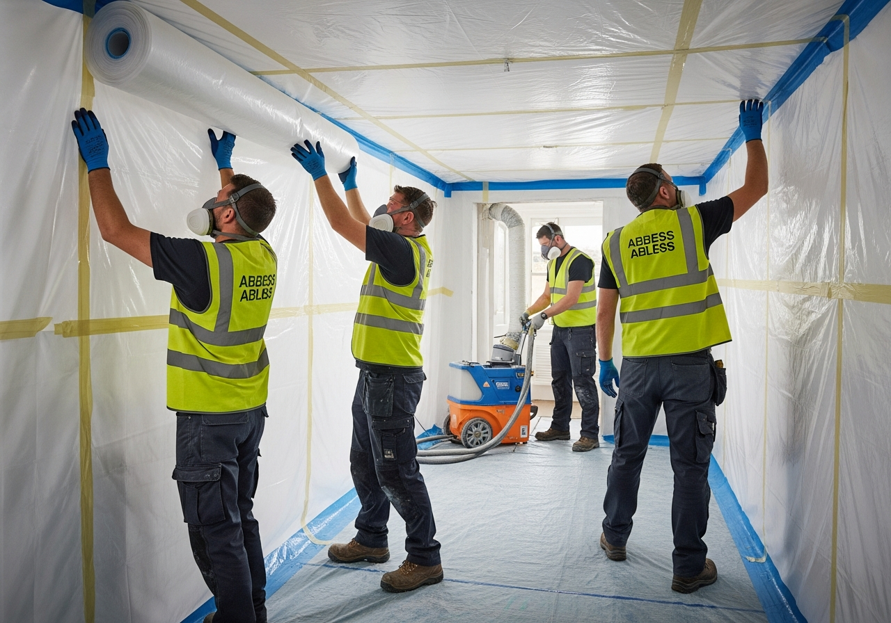 Asbestos contractors setting up containment