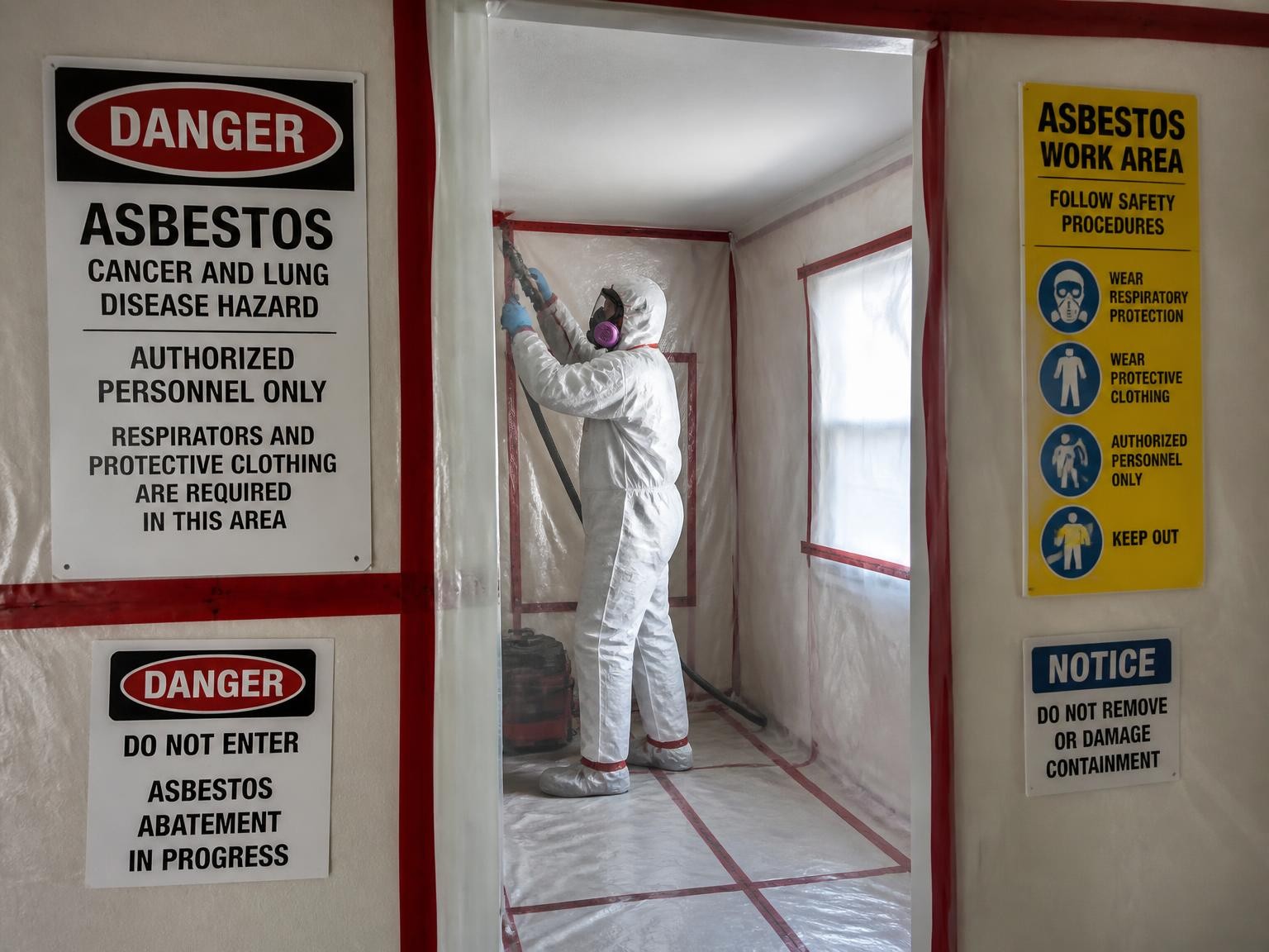 Contained work area prepared for asbestos wall removal