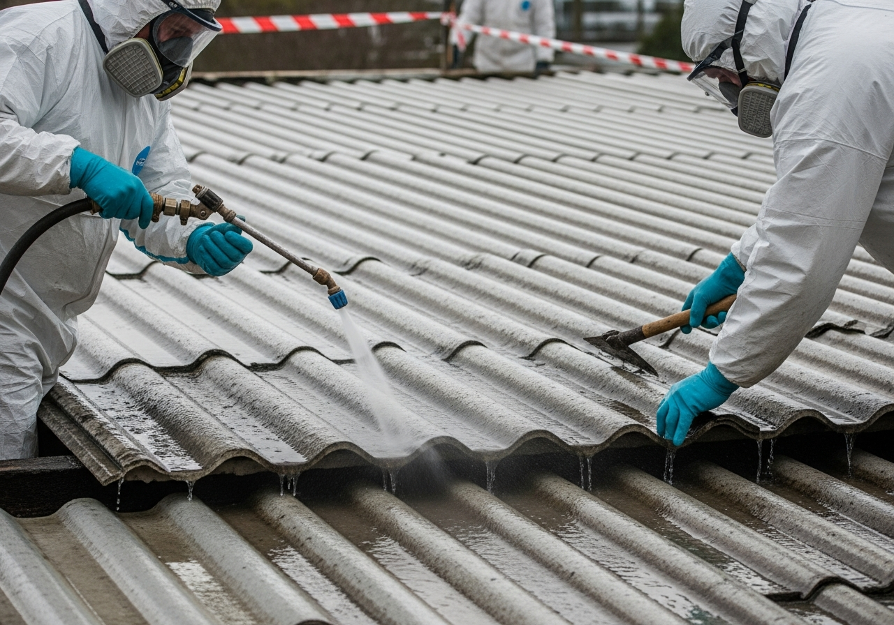 Wet method asbestos roof removal