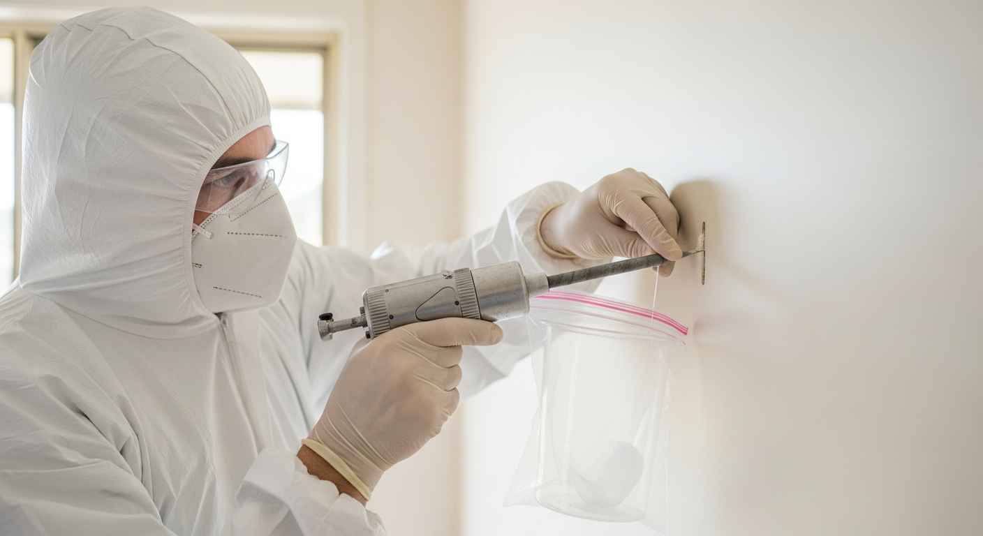 Asbestos testing technician sampling wall