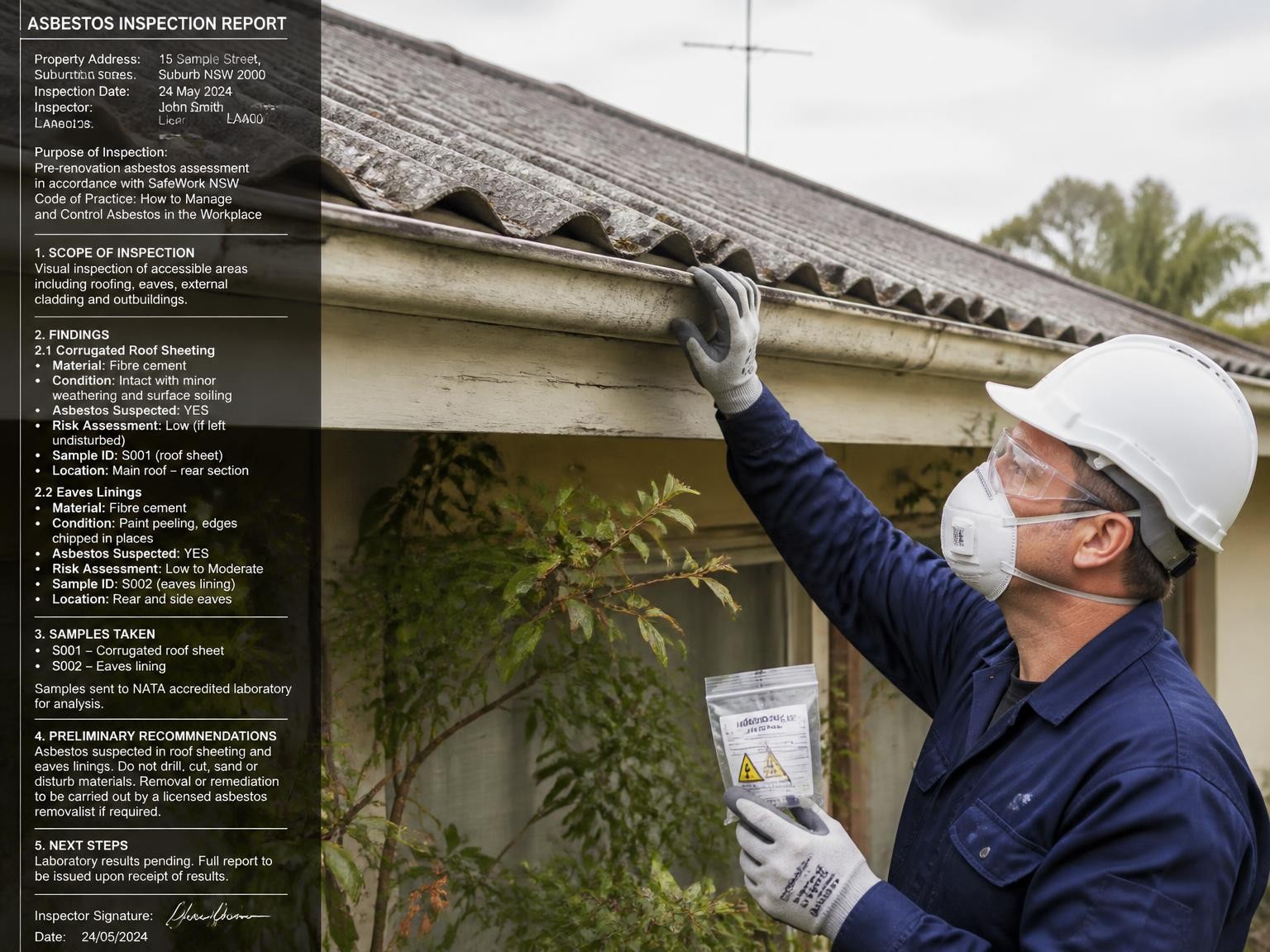 Asbestos inspection of roof sheeting and eaves