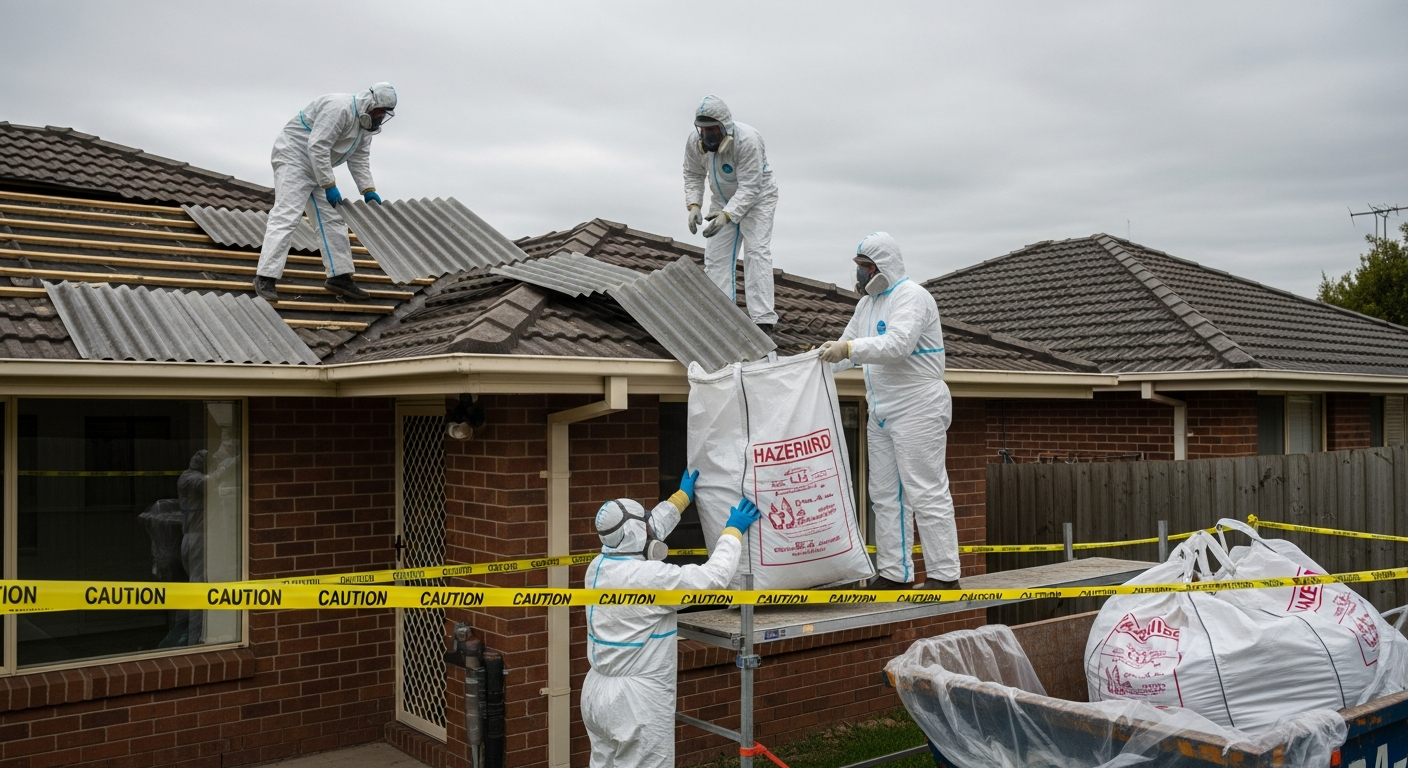 Asbestos roof removal team