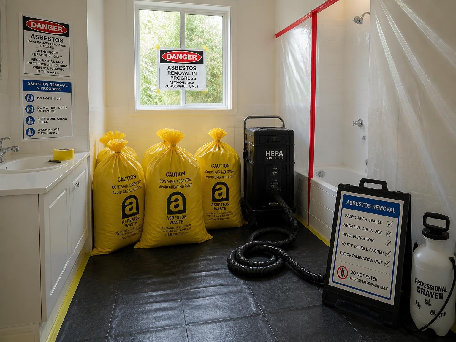 Controlled bathroom asbestos removal work area
