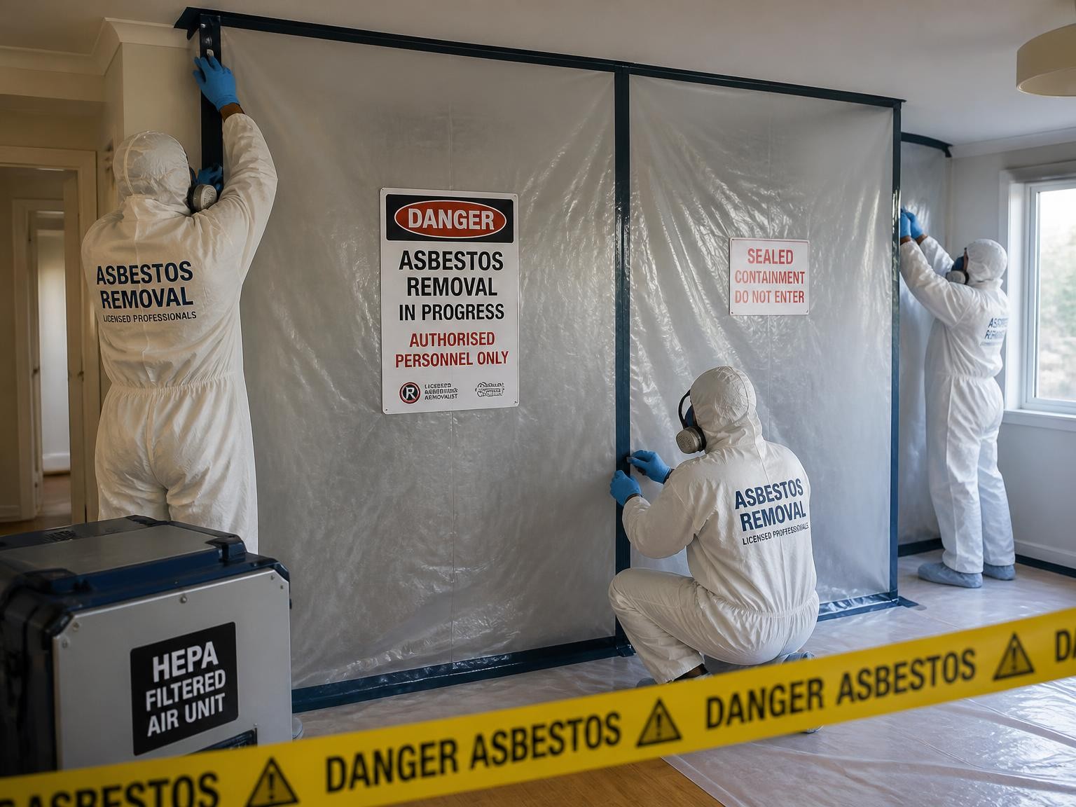 Asbestos removalist setting up a safe containment area