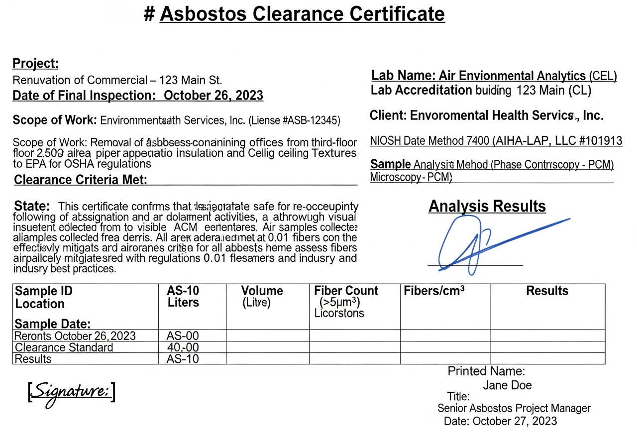 Clearance certificate and lab report
