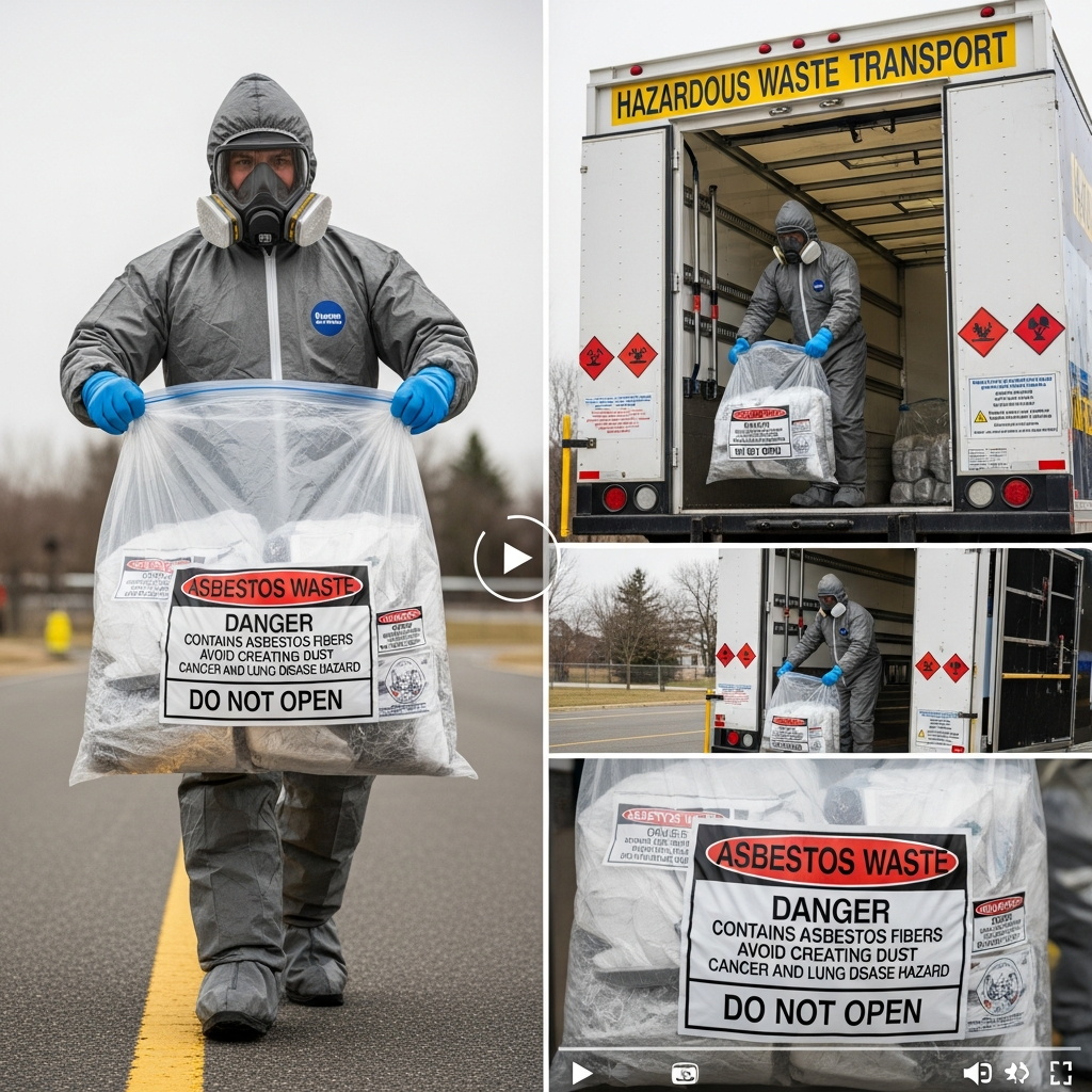 Worker carrying bagged asbestos