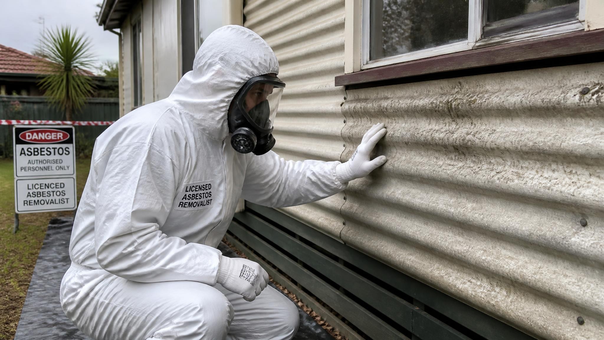 Licensed asbestos removalist inspecting asbestos sheeting