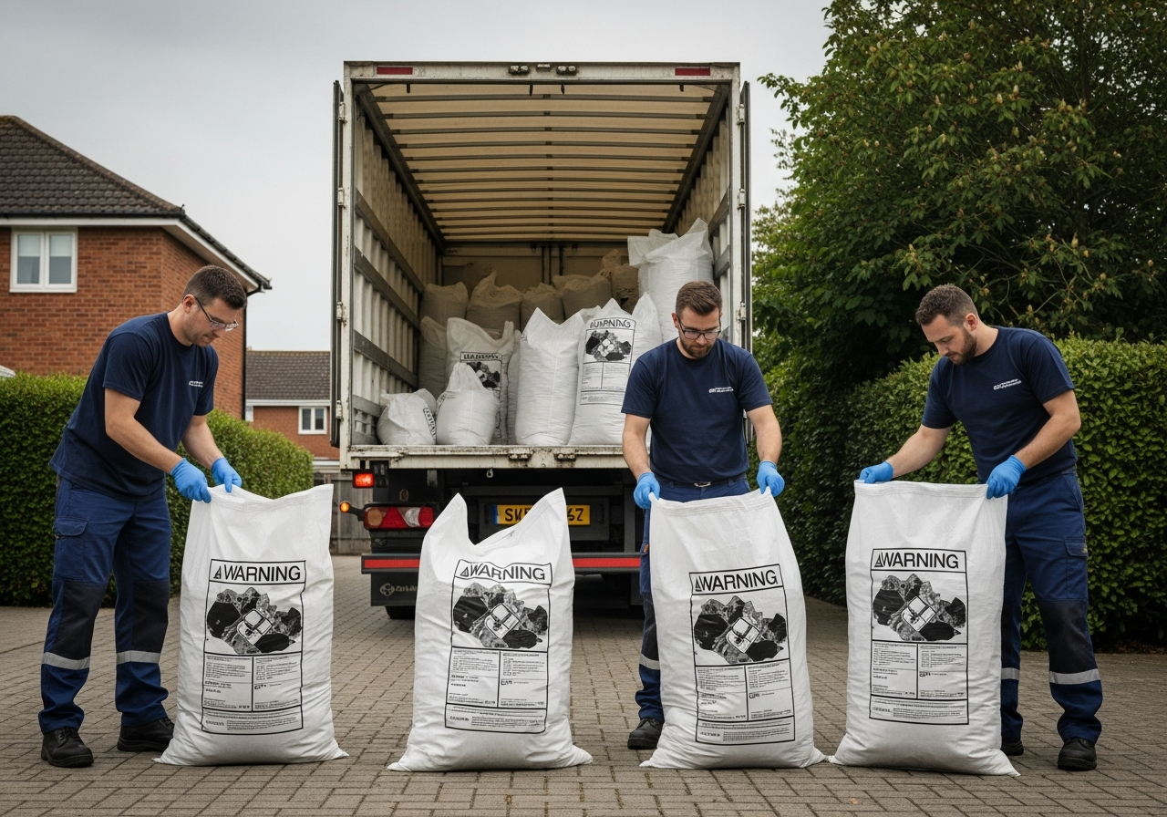 Asbestos waste double-bagged for disposal