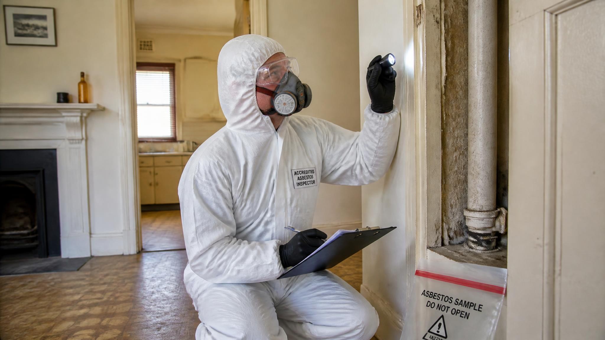 Accredited asbestos inspector conducting a professional asbestos inspection