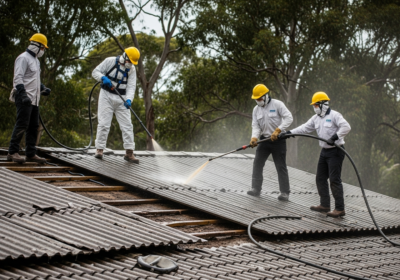 Damaged asbestos roof being removed