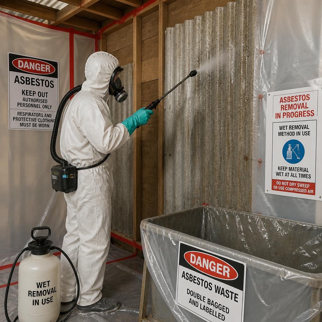 Asbestos removalist using controlled wet removal methods