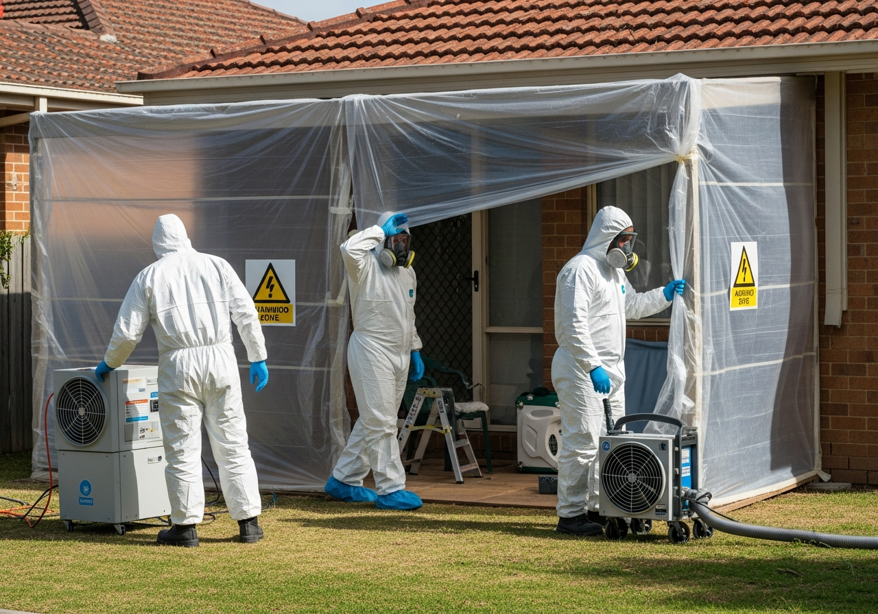 Asbestos technicians preparing containment