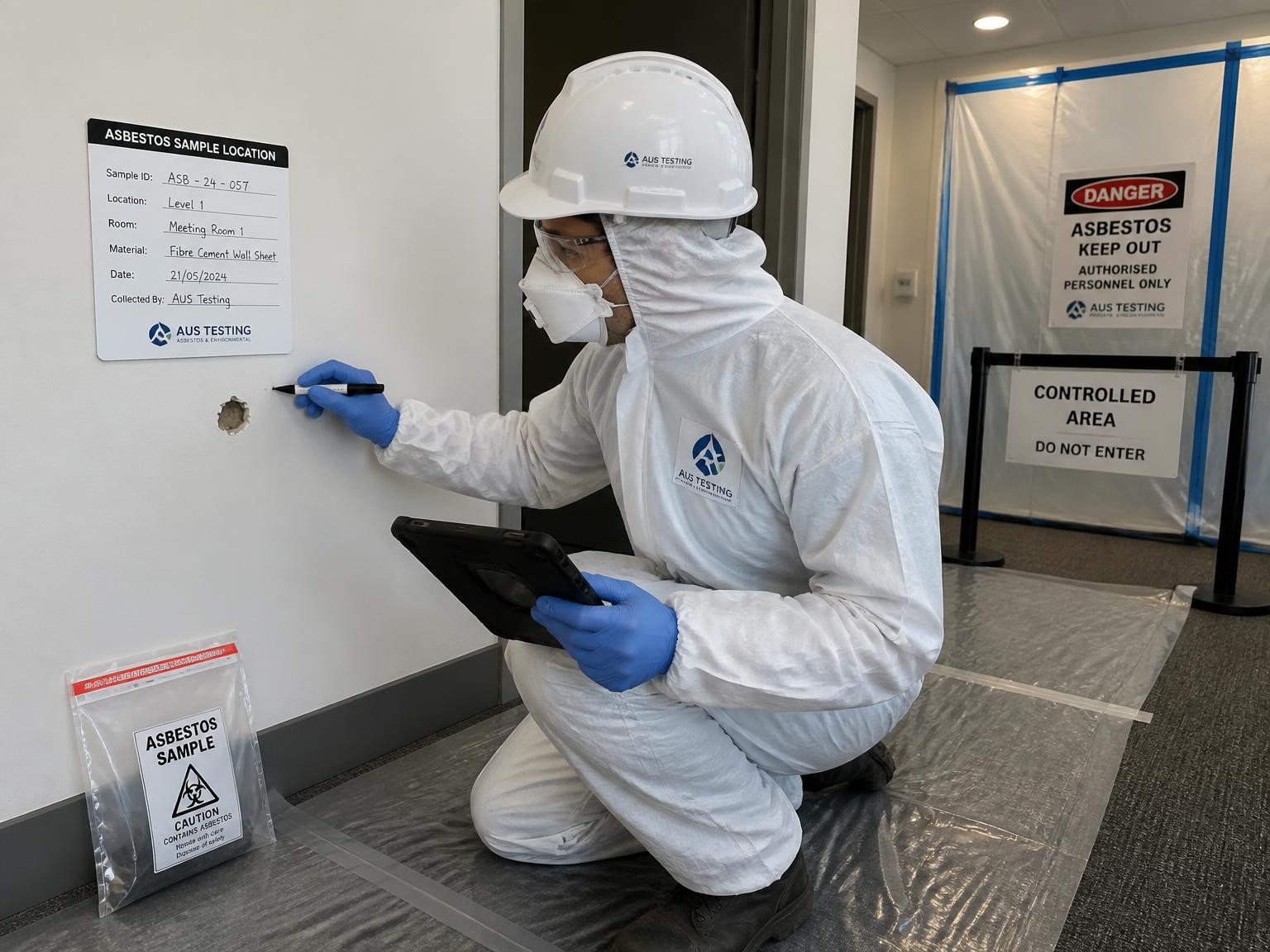 Asbestos professional documenting a sample location