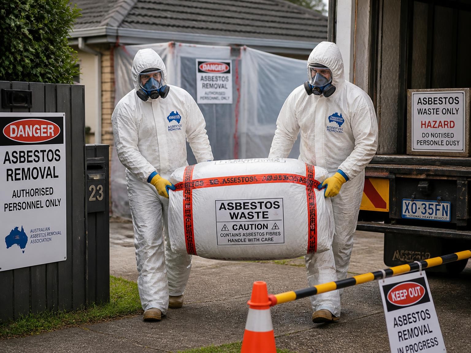 Asbestos removal team handling securely packaged asbestos waste