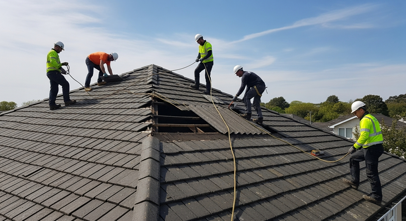 Asbestos roof removal team