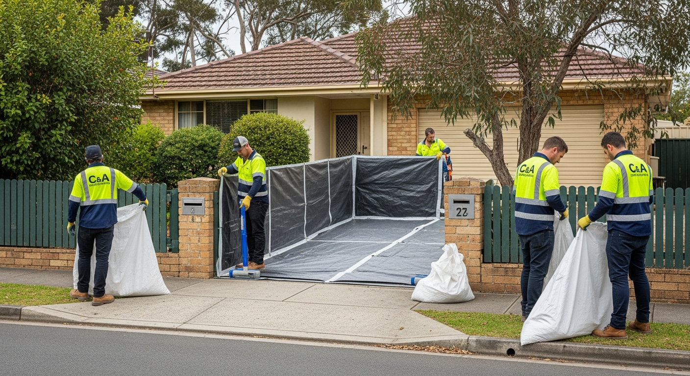 Asbestos removal crew preparing containment