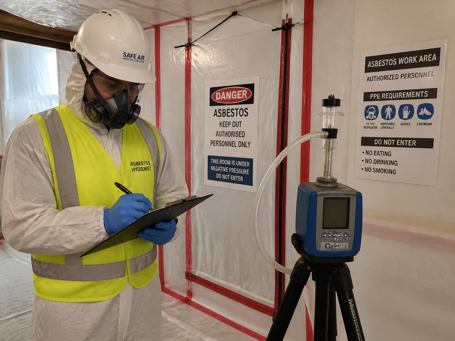 Asbestos air monitoring equipment in a controlled work area