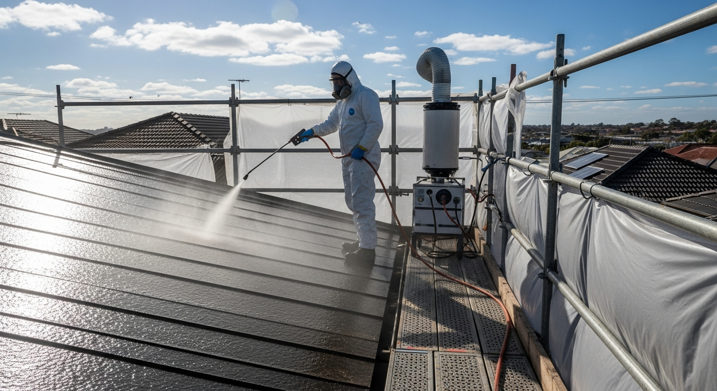 Wet method asbestos roof removal