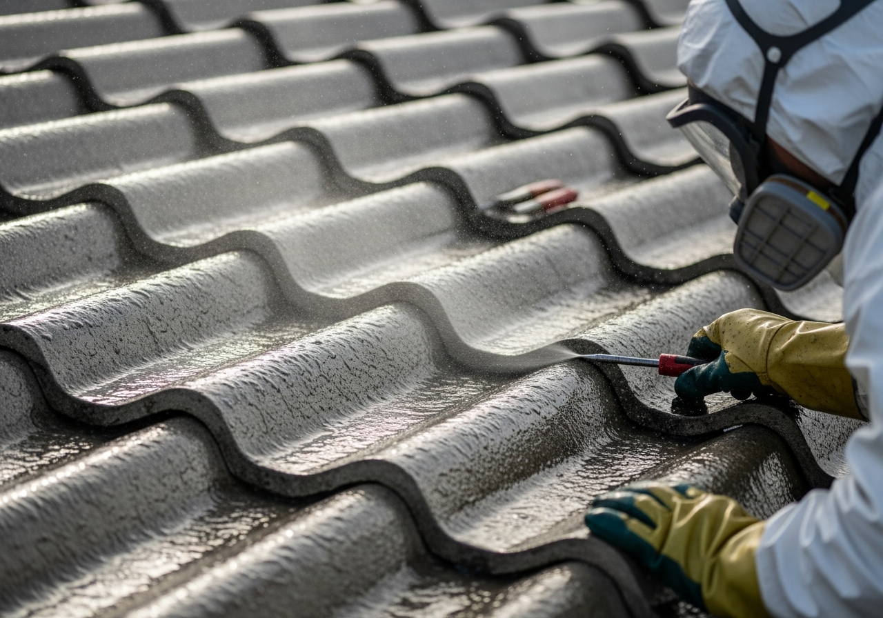 Asbestos sheets being wetted before removal