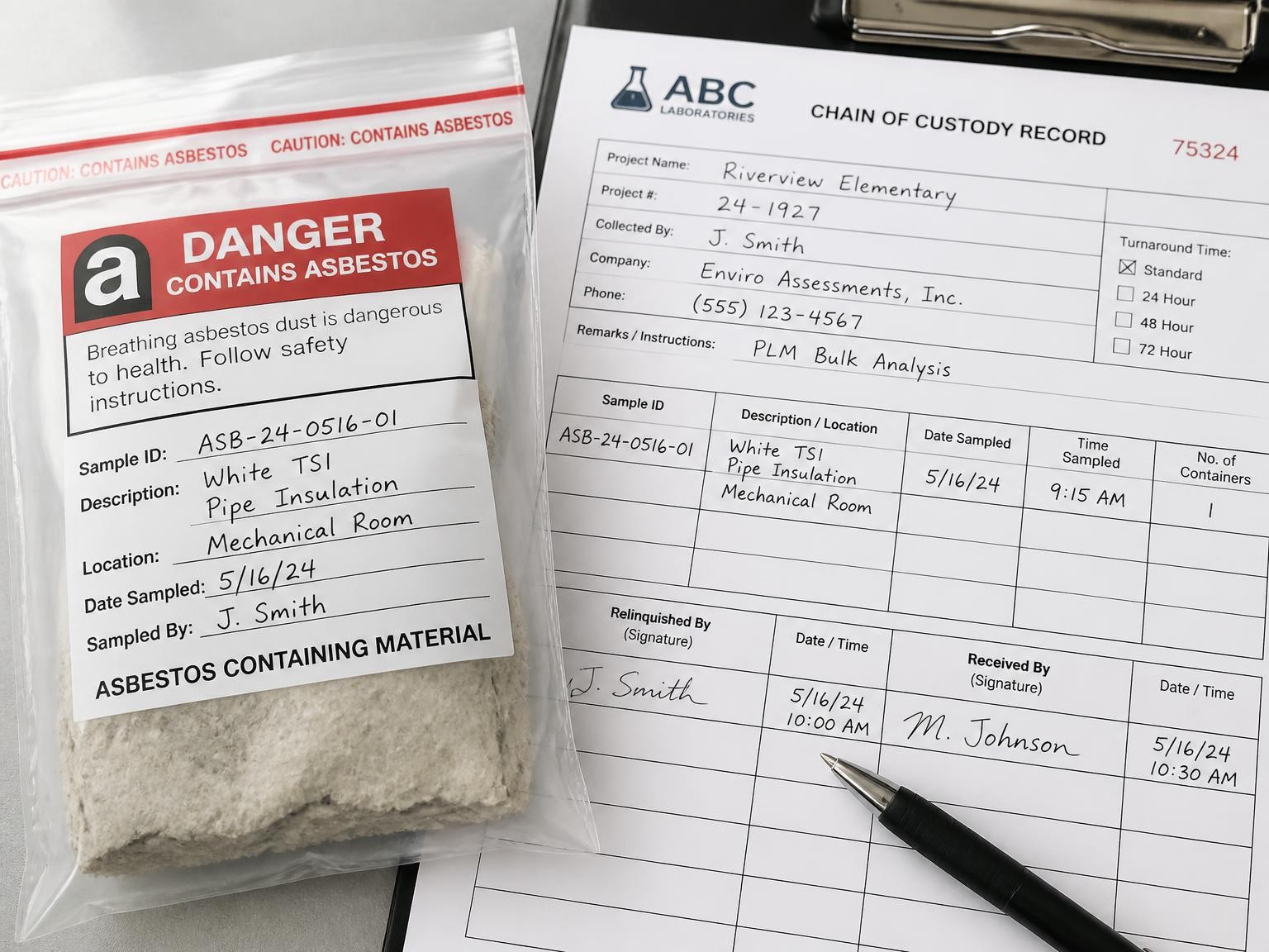 Sealed asbestos material sample prepared for laboratory testing