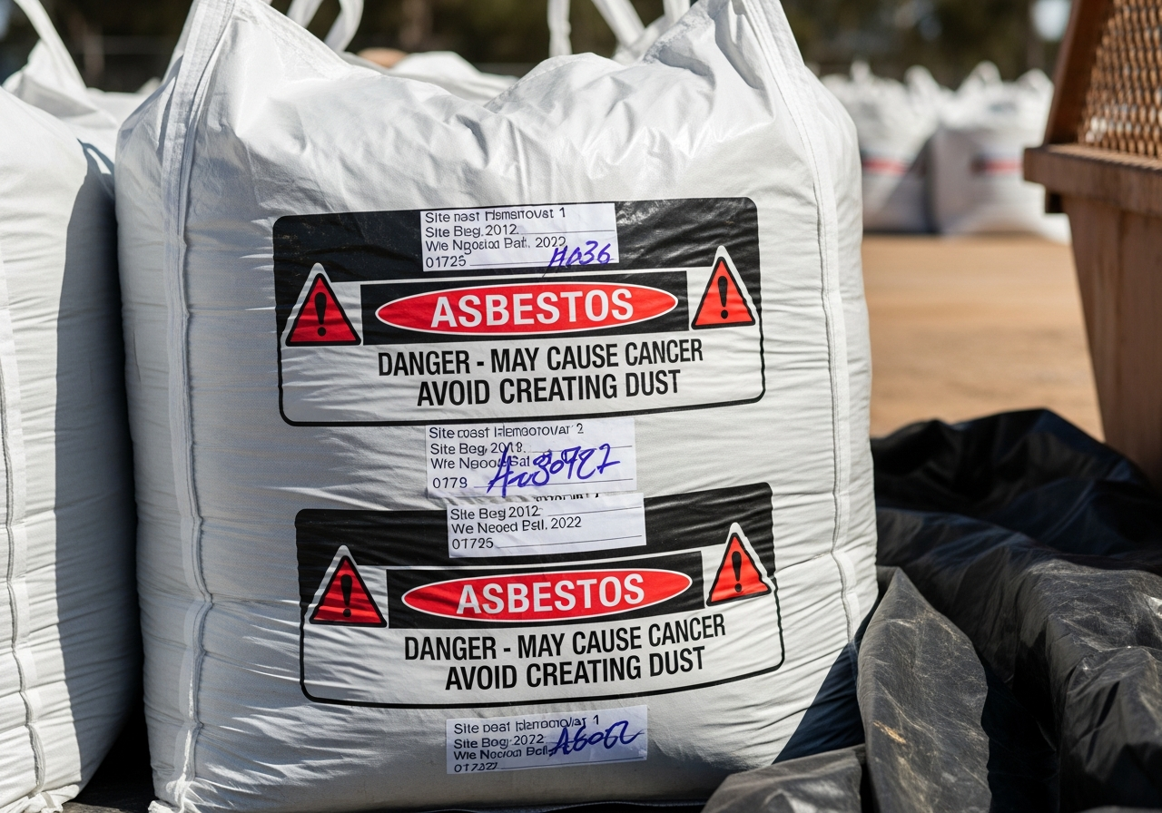 Double-bagged asbestos waste ready for transport