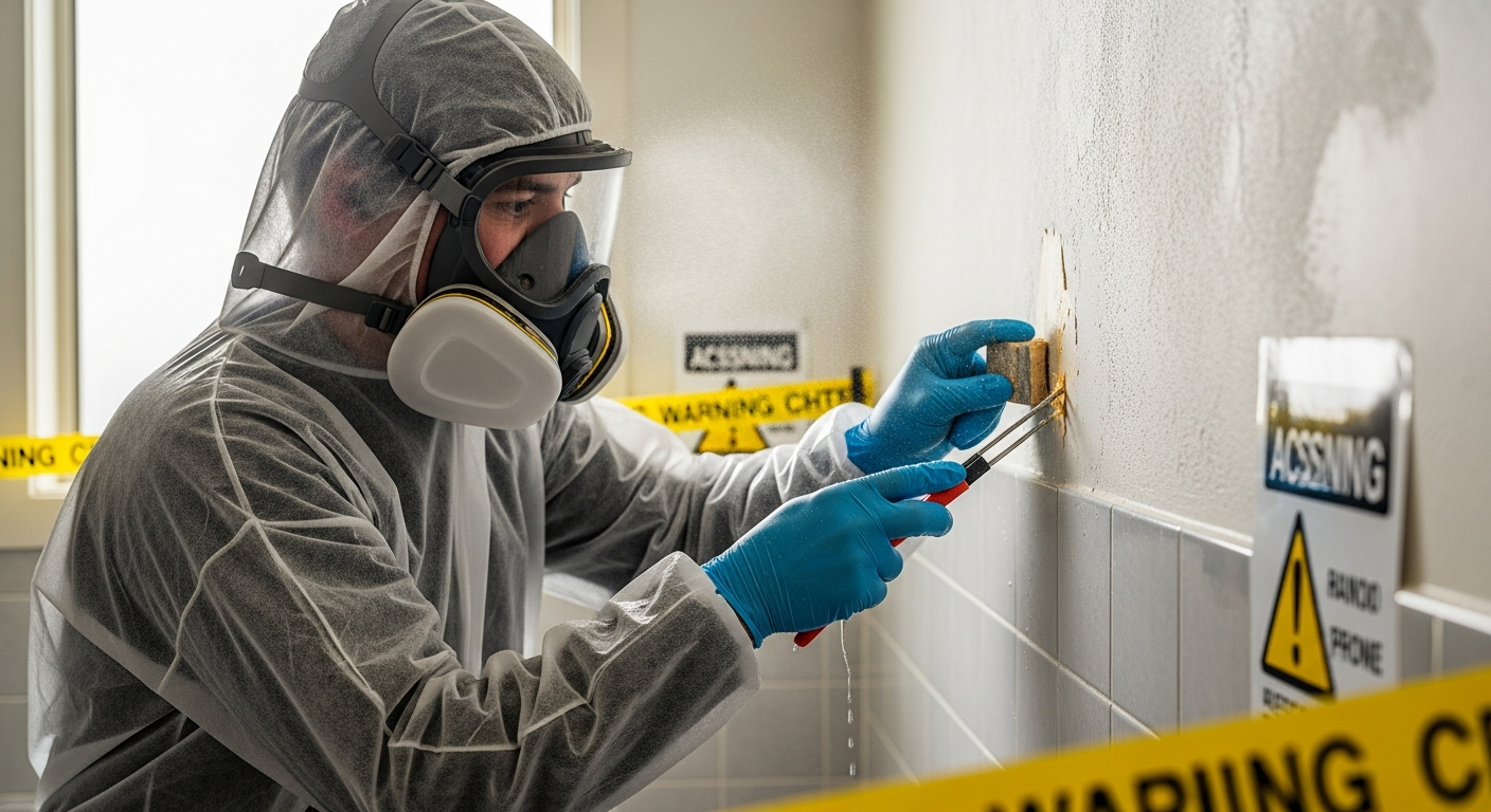 Asbestos testing technician sampling