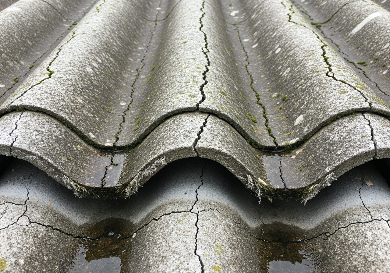 Corrugated asbestos shed roof close-up