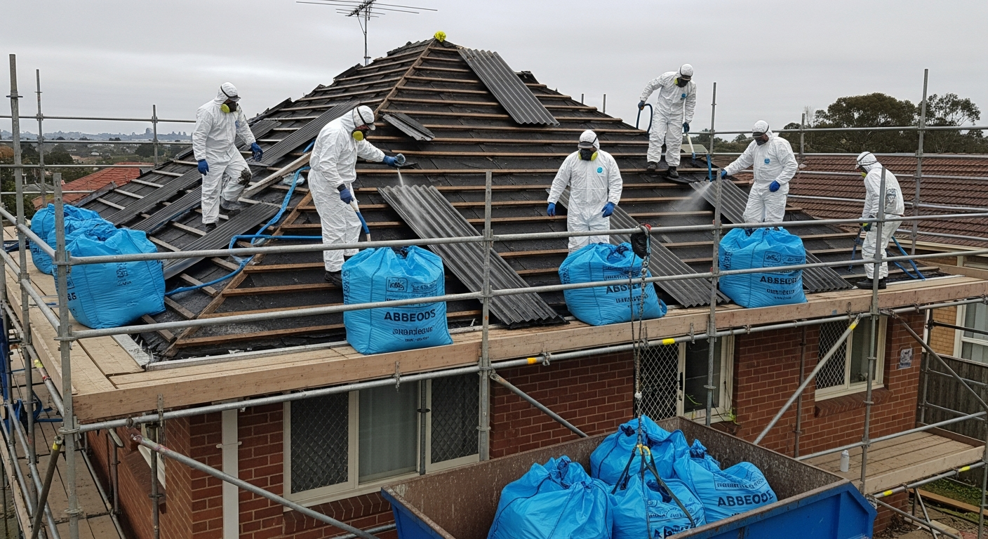 Asbestos roof removal team