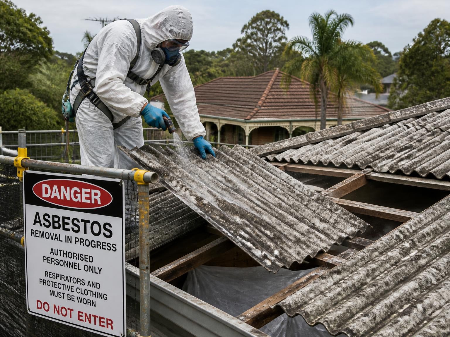 Controlled asbestos removal from roofing and building materials