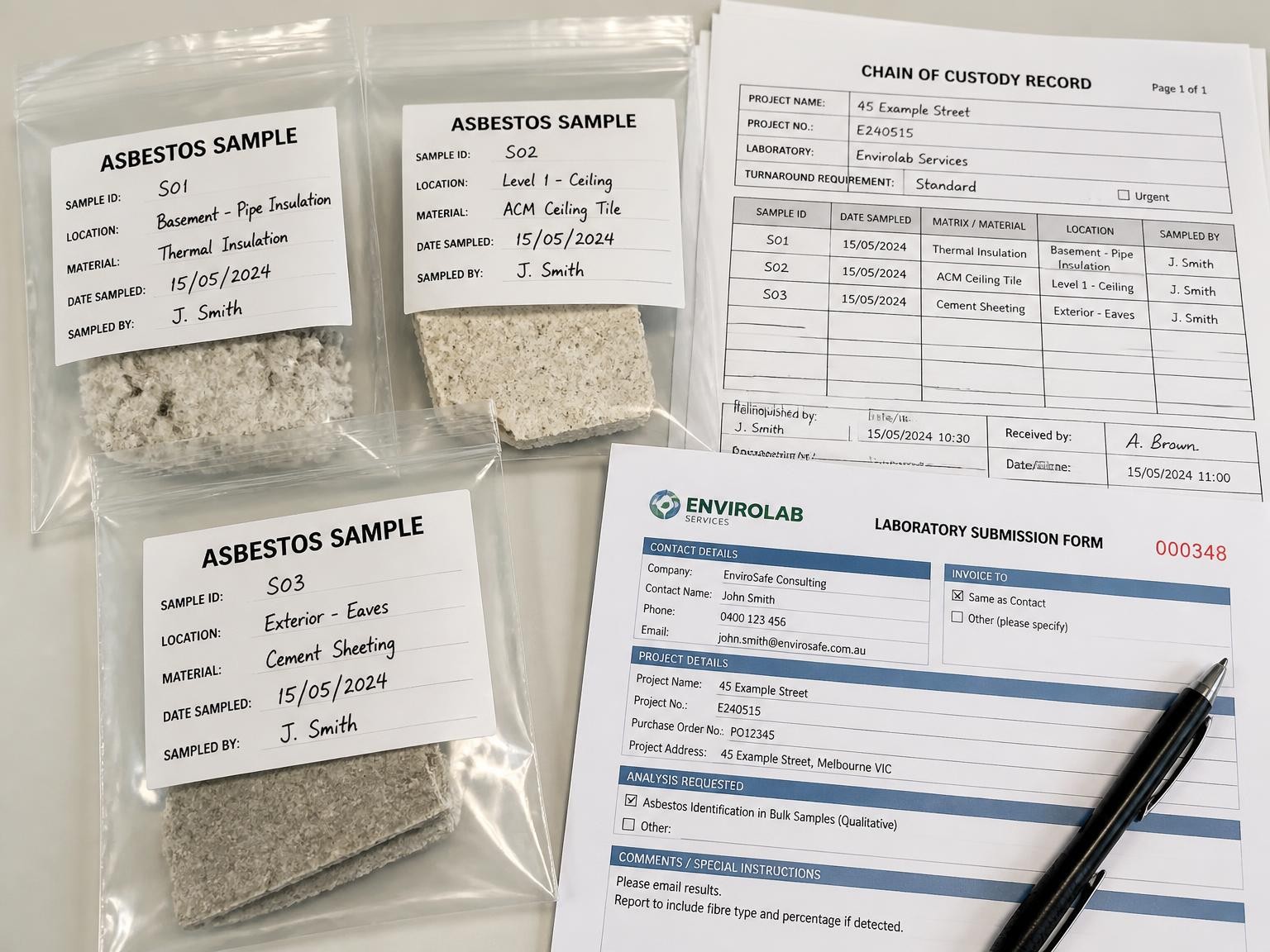 Asbestos samples prepared for laboratory analysis