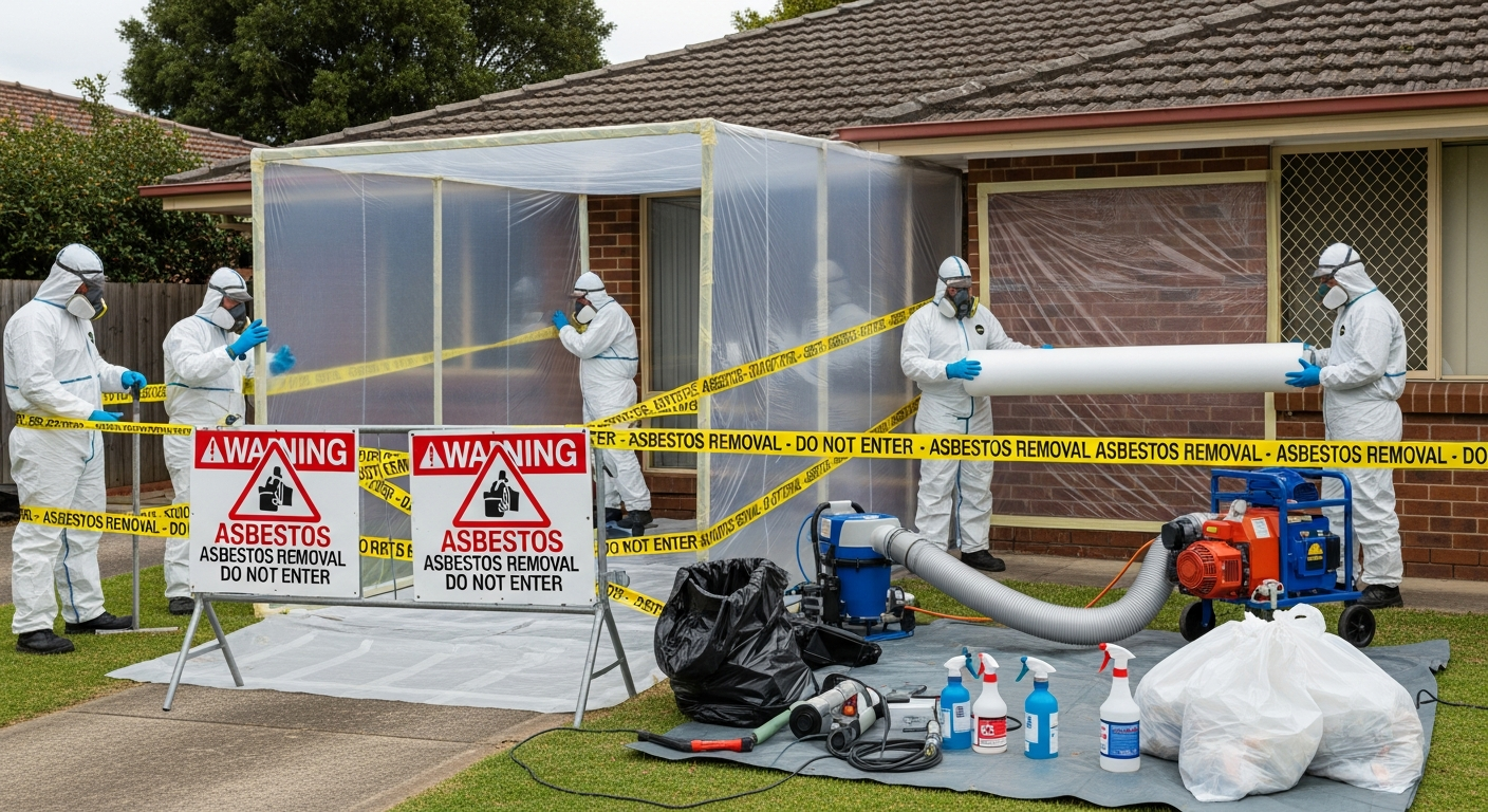 Asbestos removal team setting up containment