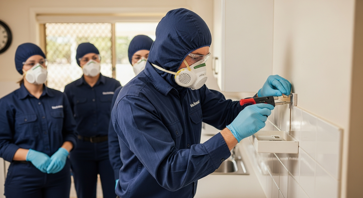 Home asbestos testing technician sampling