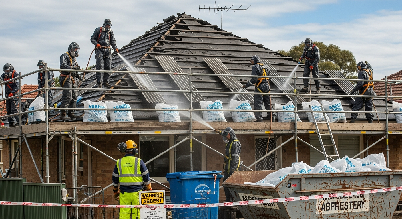 Asbestos roof removal team