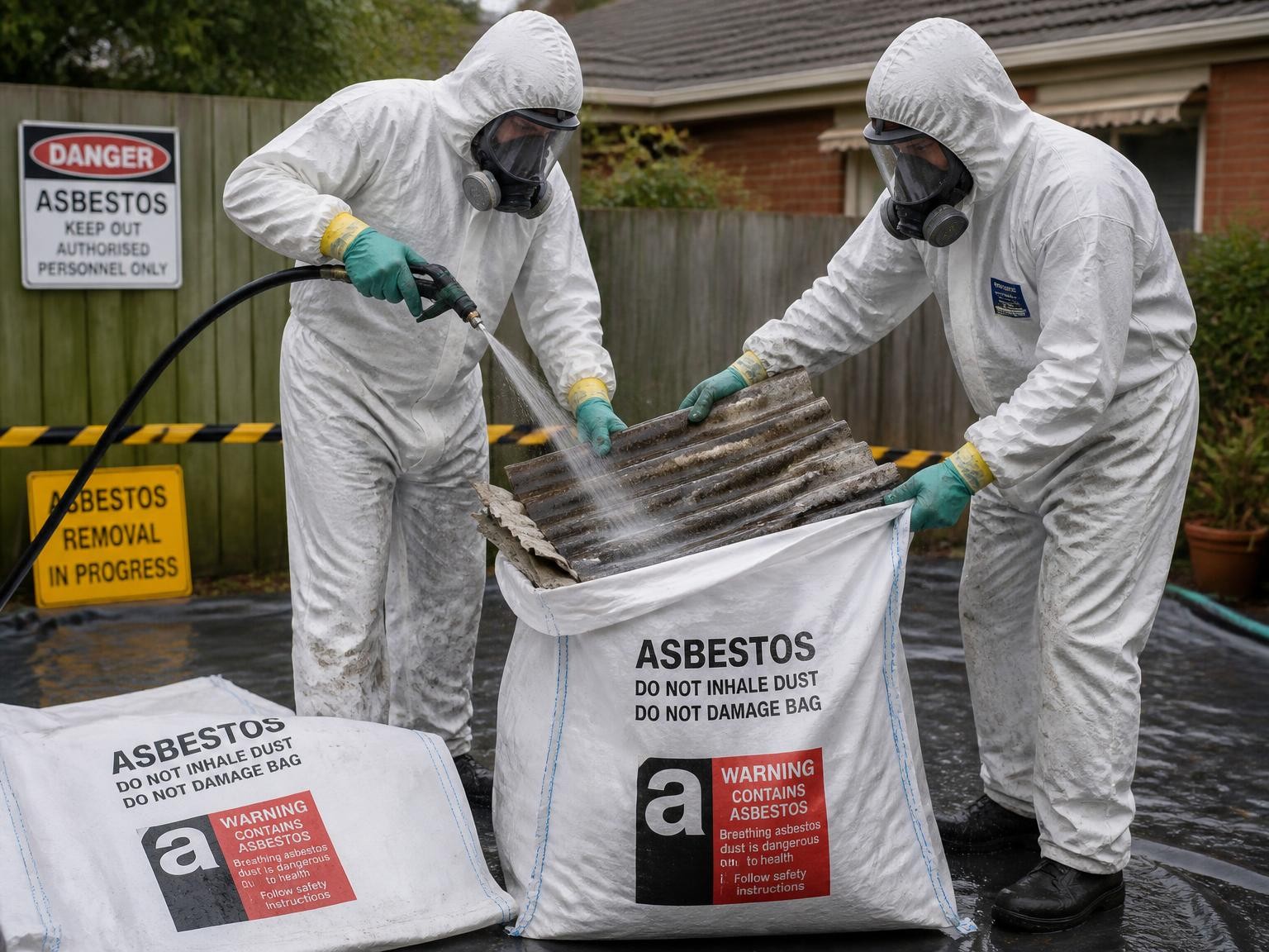 Asbestos fence sheeting being safely bagged for disposal