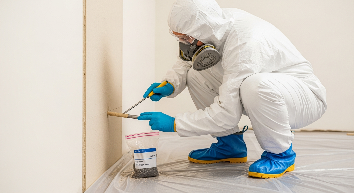 Professional asbestos testing technician taking a bulk sample