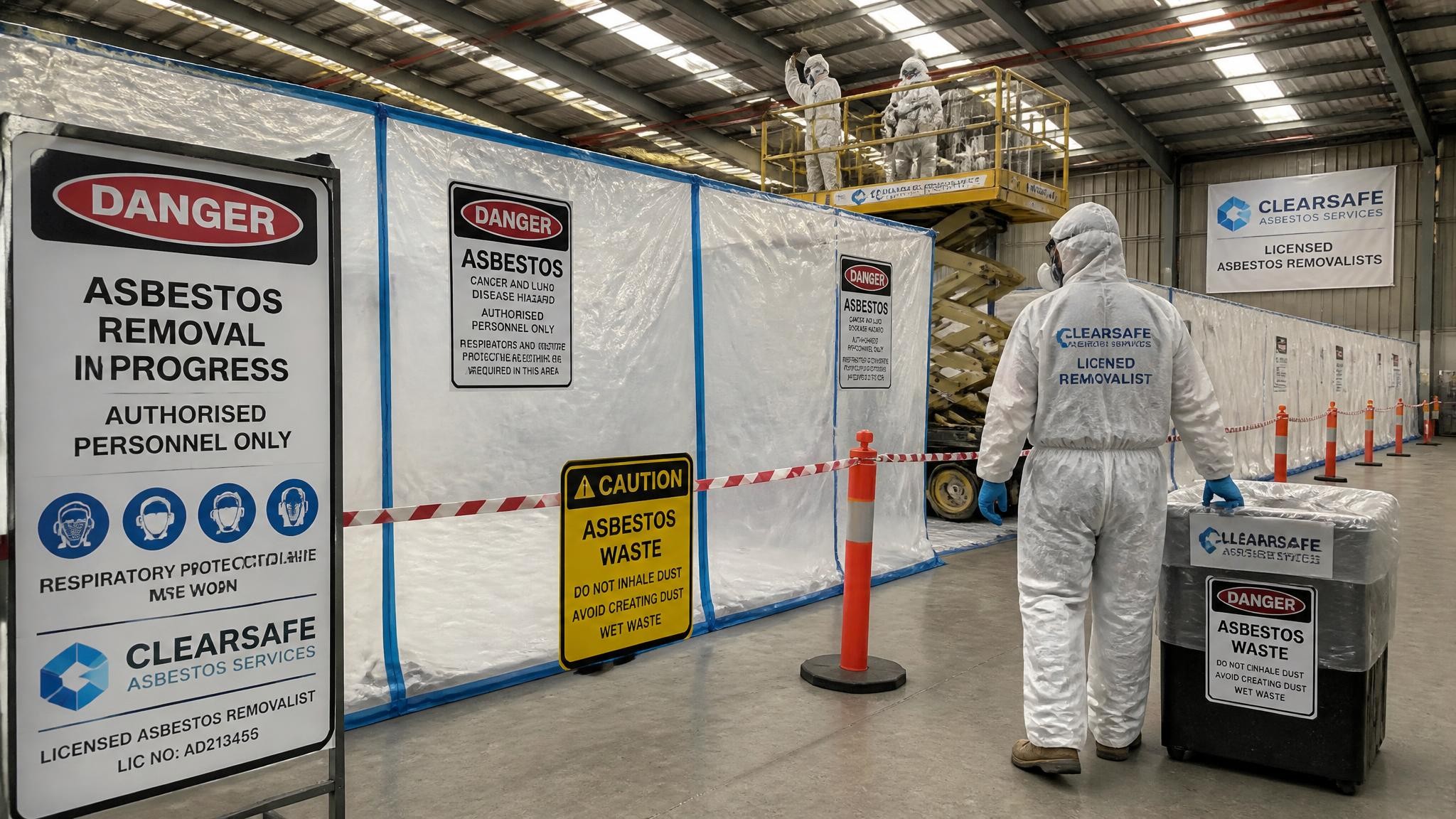 Commercial asbestos removal team working in a warehouse
