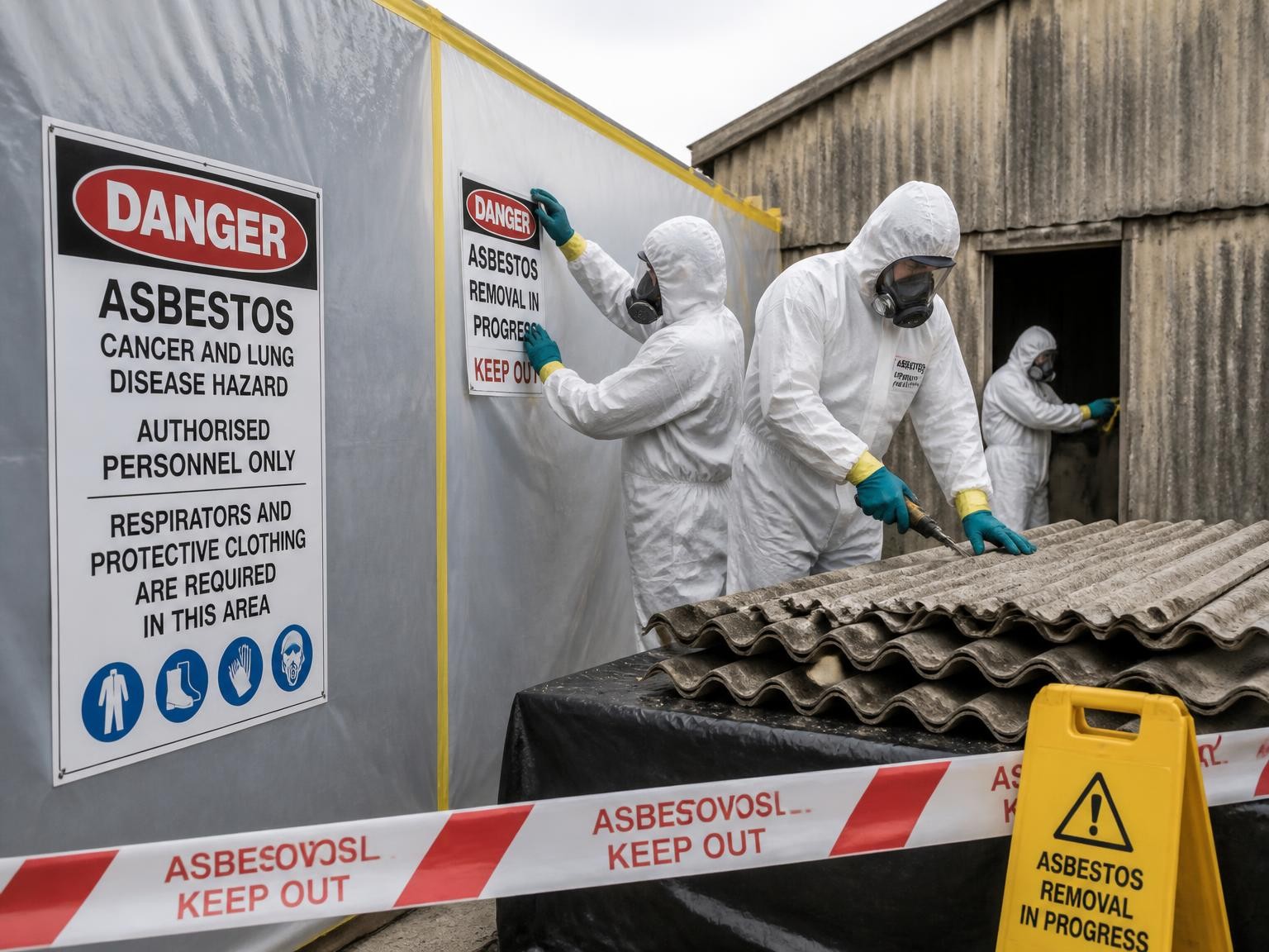 Licensed asbestos removal crew preparing a safe work area